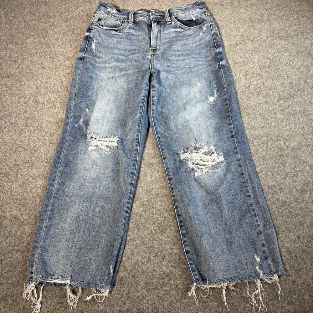 Judy Blue Jeans Womens 9/29 Wide Leg Distressed Raw Hem High Rise Stretch Denim